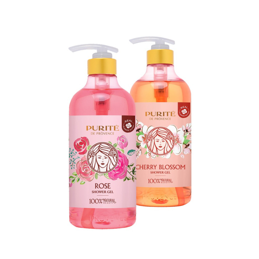 Combo Sữa Tắm Thiên Nhiên Mềm Mịn Hoa Hồng Purité 850ml/chai + Sáng Mịn Hoa Anh Đào 850ml/chai
