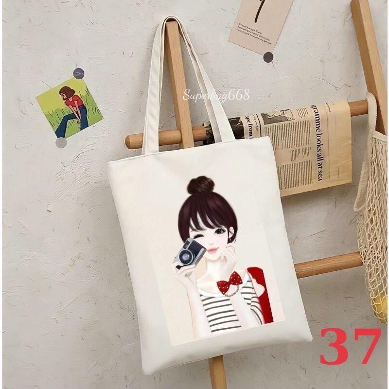 Túi tote tone vải canvas Hàn Quốc hoạ tiết cô gái đựng vừa A4 laptop đi chơi đi học Superbag668 HQ215