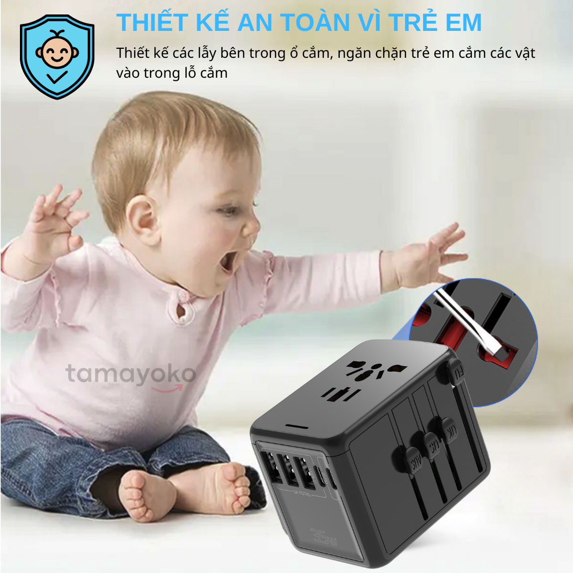 Ổ cắm điện Tamayoko sạc nhanh PD 35W Type C + USB cắm tải 2000W cho điện thoại/máy tính/ thiết bị gia dụng cỡ nhỏ