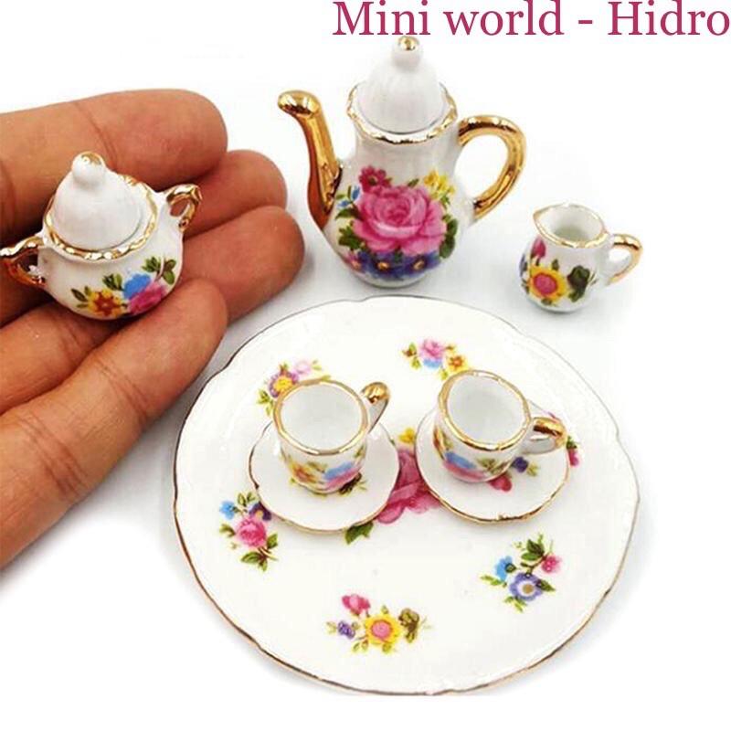 Bộ ấm chén mini trang trí nhà búp bê. Bộ ấm trà mini. Miniature. Bộ tách trà bằng sứ mini