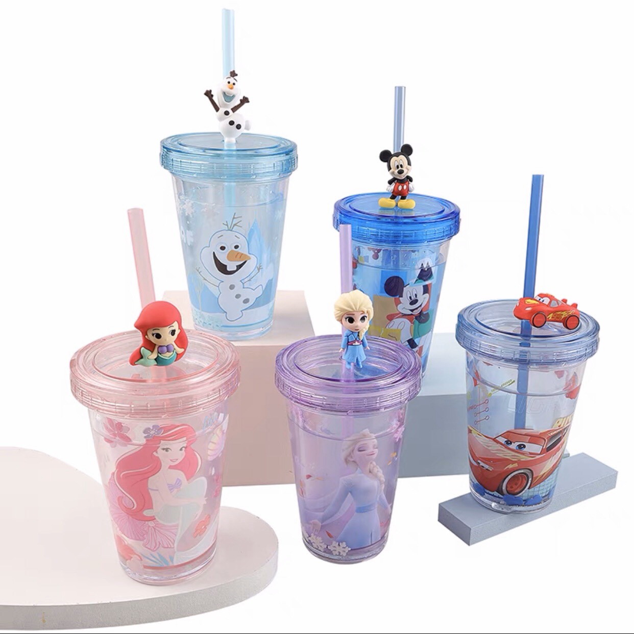 Ly pha lê ống hút 2 lớp kim tuyến vật nổi kèm Sticker 3D hình nàng tiên cá công chúa Ariel - PDP2510H