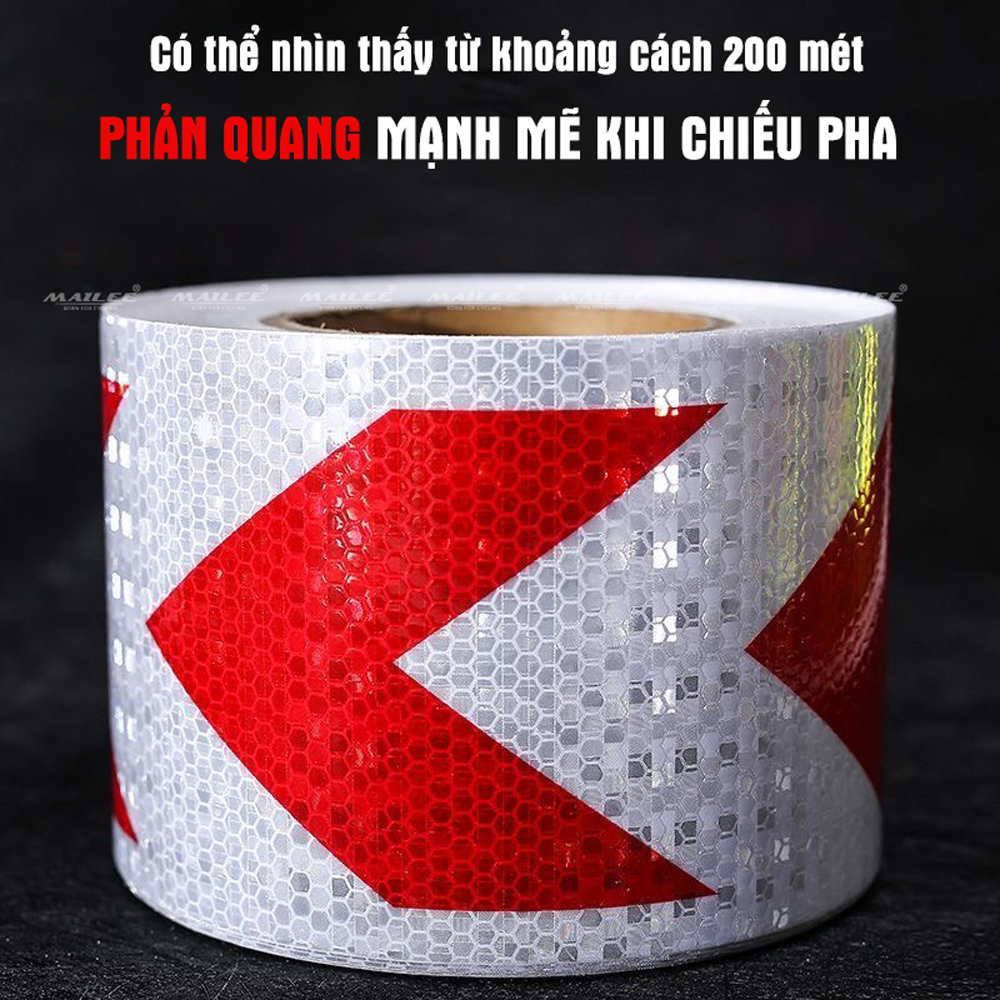 Băng Dính Phản Quang khổ rộng 10 cm x 25 mét, Cảnh Báo An Toàn Hình Mũi Tên Dùng Dán Xe Ô tô, Thùng Xe Tải, Định Hướng An Toàn, chất liệu PVC Chống Thấm Nước - Mũi Tên ĐỎ TRẮNG - Mai Lee