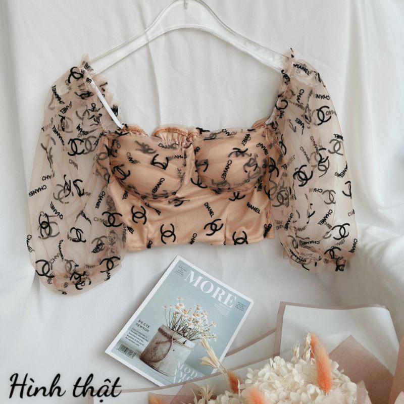 Áo croptop phối lưới ren có mút ngực
