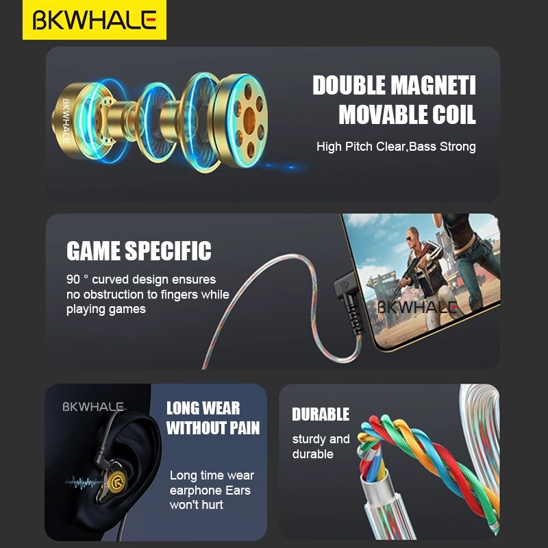Tai nghe cao cấp có dây type C Bkwhale 8D Âm thanh vòm Bass Loại C Micrô khử tiếng ồn Tai nghe trong tai Tai nghe trò chơi thể thao Tai nghe TP55 - miếng lót chuột