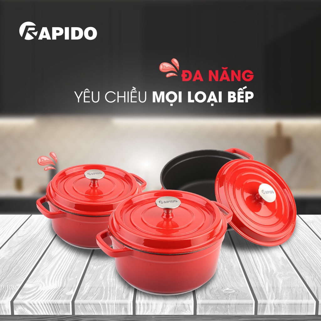 Nồi gang đúc nguyên khối tráng men RAPIDO 20cm xuất châu Âu - Hàng chính hãng