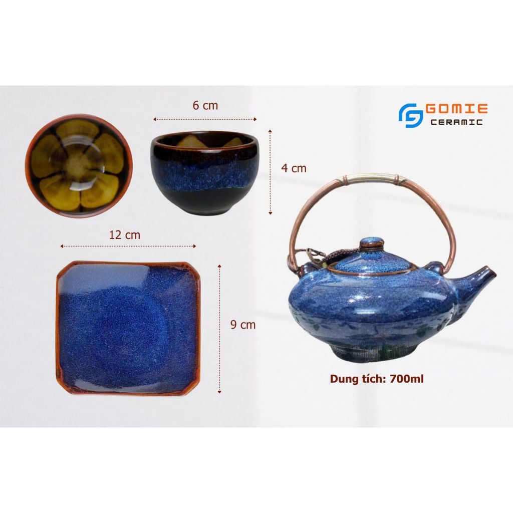 Bộ Ấm nón lá lòng chén đúc hoa HB Xanh Sóng Biển đầy đủ phụ kiện