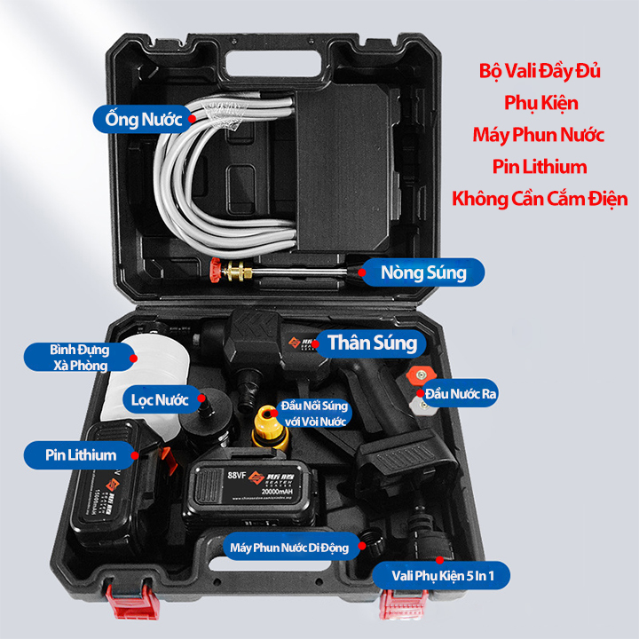 [Kèm Vali Full Phụ Kiện] Vòi Xịt Rửa Xe Áp Lực Cao Dùng PIN SẠC Lithium 199V 45000 mAh Tặng Thêm 1 Pin Dự Phòng Kèm Dây Dài 5m - Máy Rửa Xe Cao Áp Mini Gia Đình Bảo Hành 12 Tháng