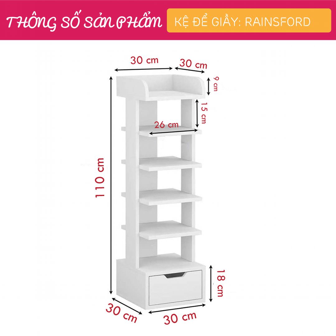 Kệ để giầy gỗ hiện đại SMLIFE Rainsford | Gỗ MDF dày 17mm chống ẩm | D30xR30xC110cm