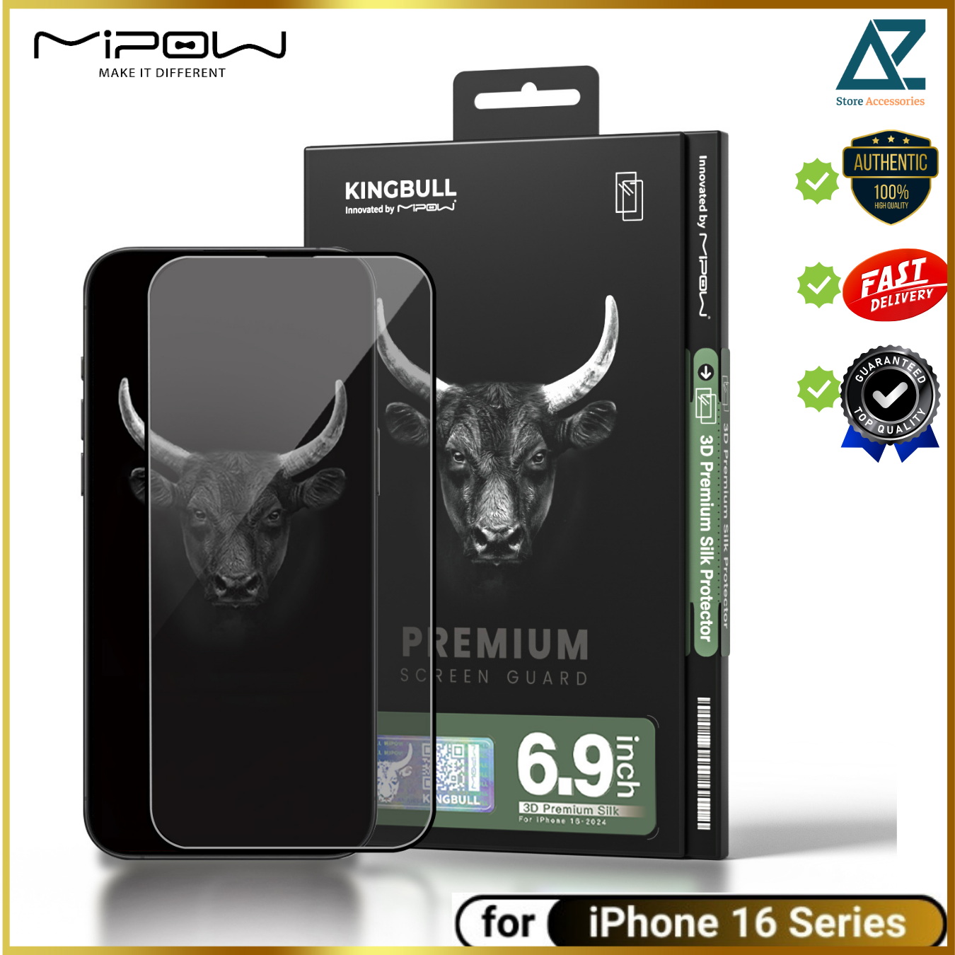 Miếng Dán Cường Lực Mipow Kingbull 3D PREMIUM SILK iPhone 16 Pro/ iphone 16 Promax tràn viền 3D_ Hàng chính hãng