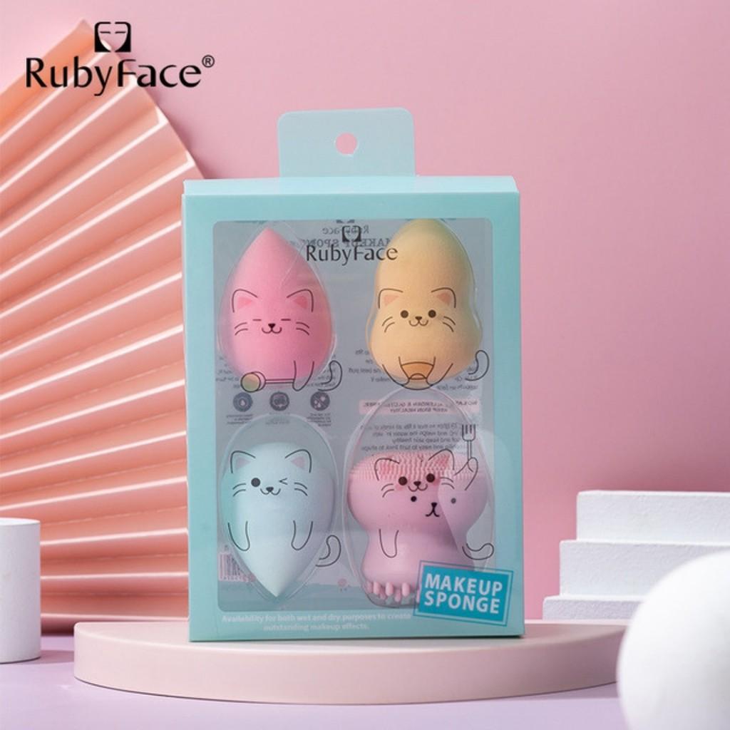 Bông mút trang điểm tẩy trang Bạch Tuộc rửa mặt SET 4 cái RUBY FACE Thỏ Mèo cute dễ thương quà tặng bạn gái DC11