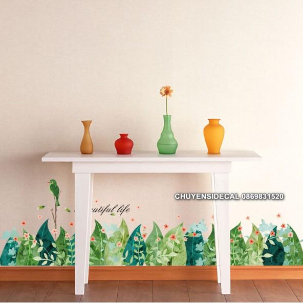 Decal trang trí tường - Chân tường cỏ lá hoa xanh tươi