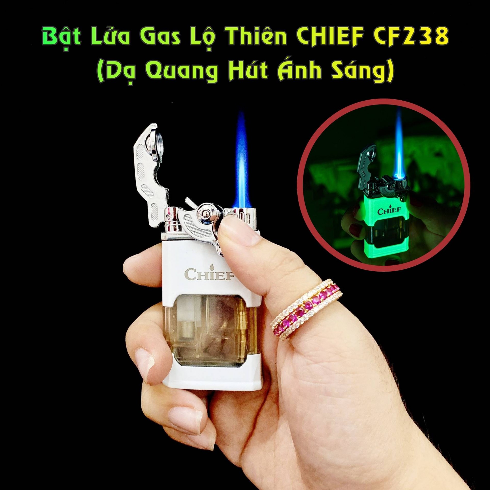 Hộp quẹt bật lửa khè gas lộ thiên Chief búng tay đánh lửa CF238 (dạ quang hút ánh sáng) - (xài gas)
