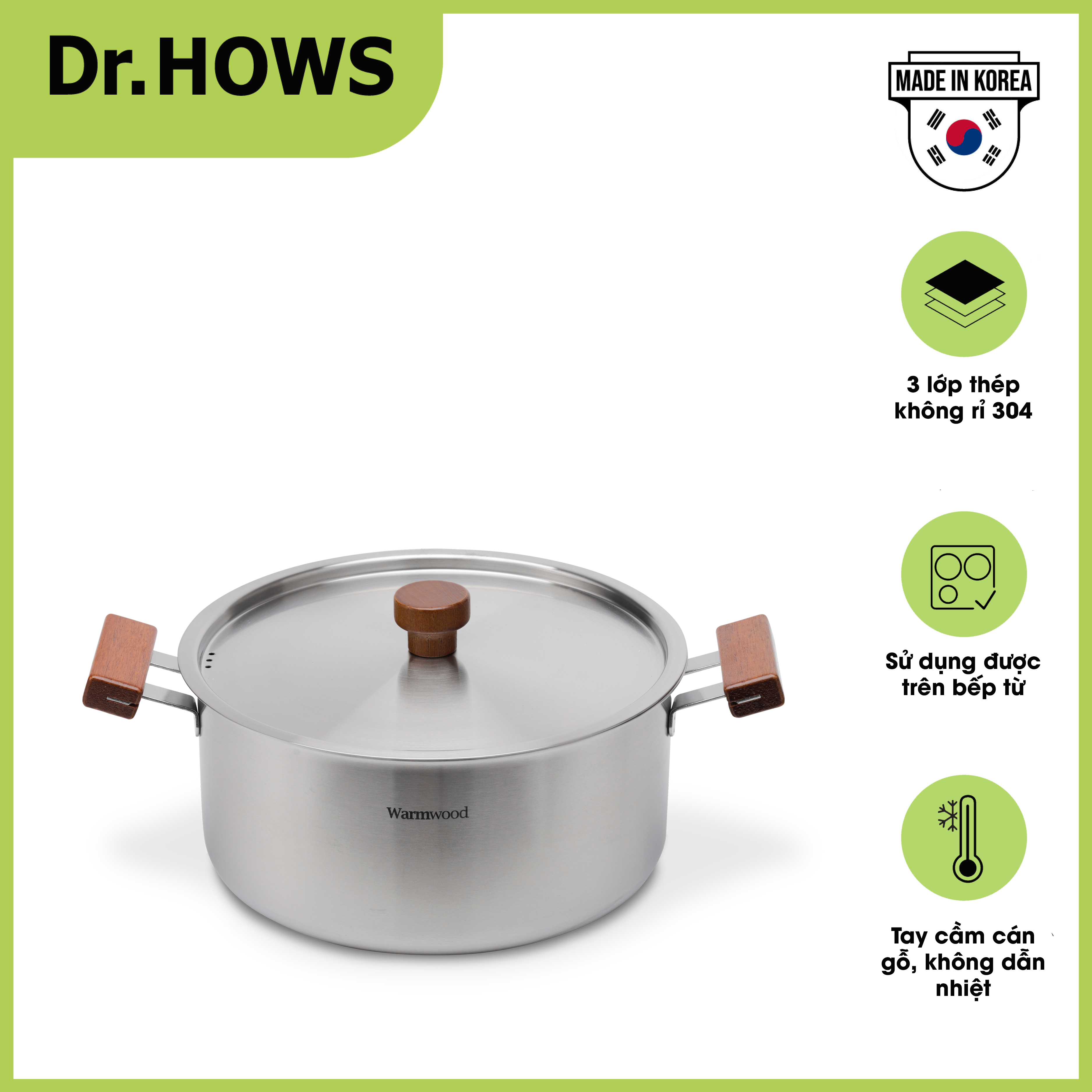 Nồi nấu Inox 3 lớp cán gỗ Dr.HOWS WarmWood 24cm