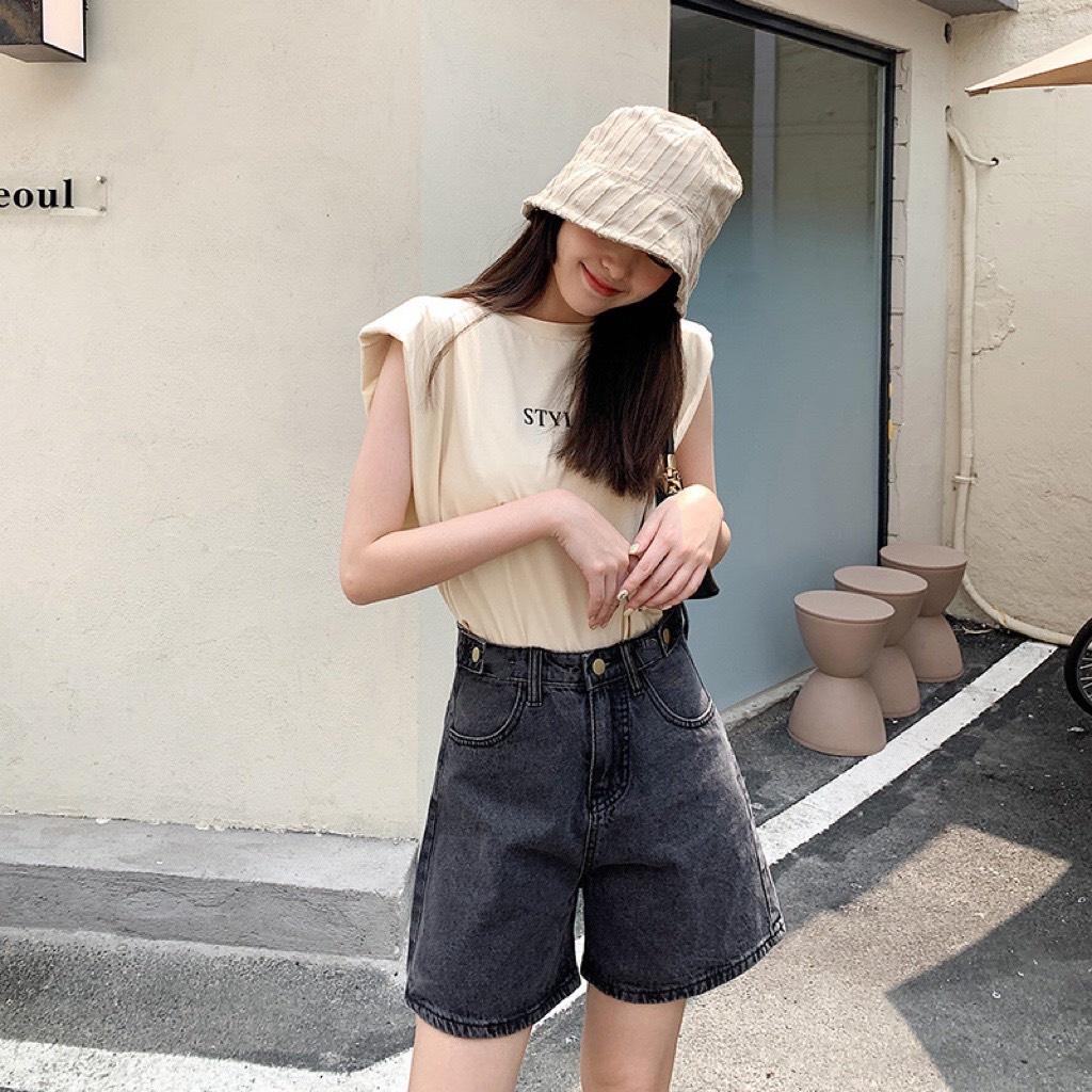 Quần Short Jean Nữ Ống Rộng Cúc Đồng - ĐEN