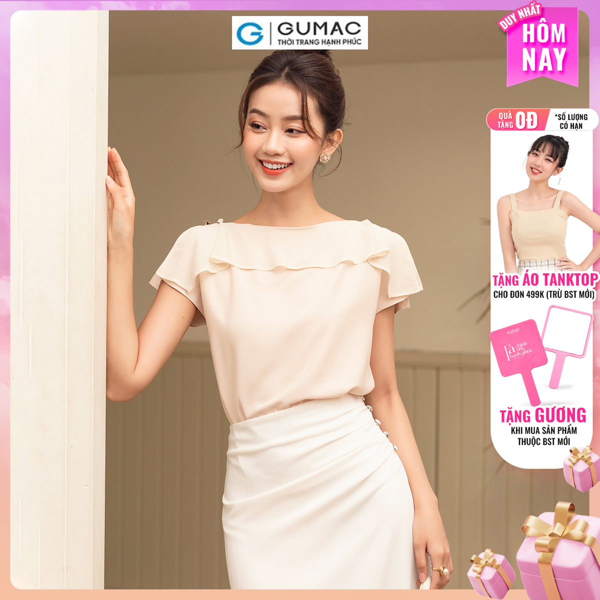 Áo kiểu tay liền phối bèo thanh lịch sang trọng thời trang GUMAC AD07073