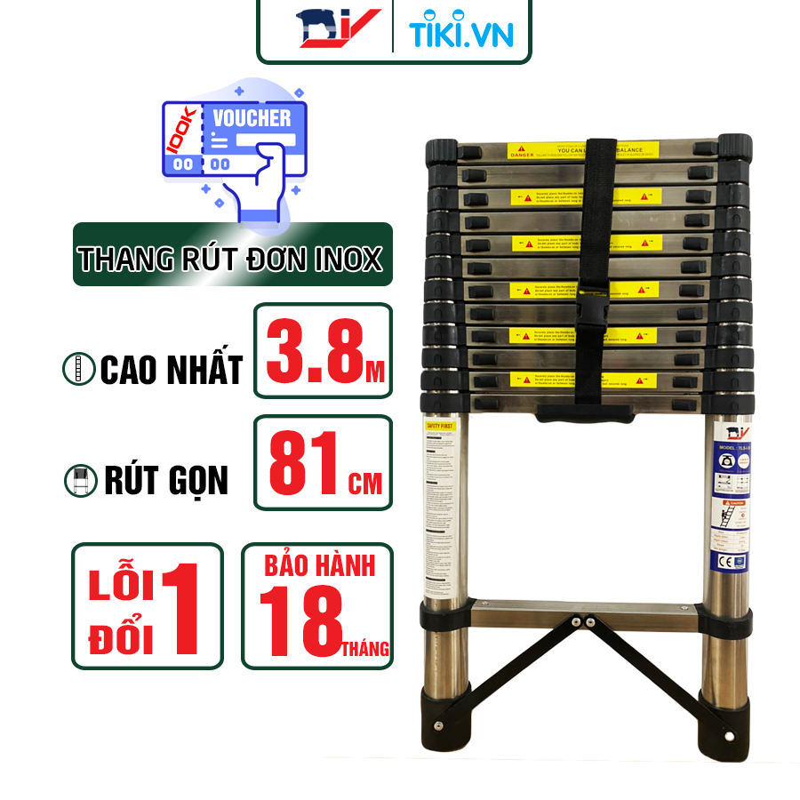 Thang rút đơn inox DIY TLS-I-38 chiều cao sử dụng tối đa 3.8m, tải trọng 150kg