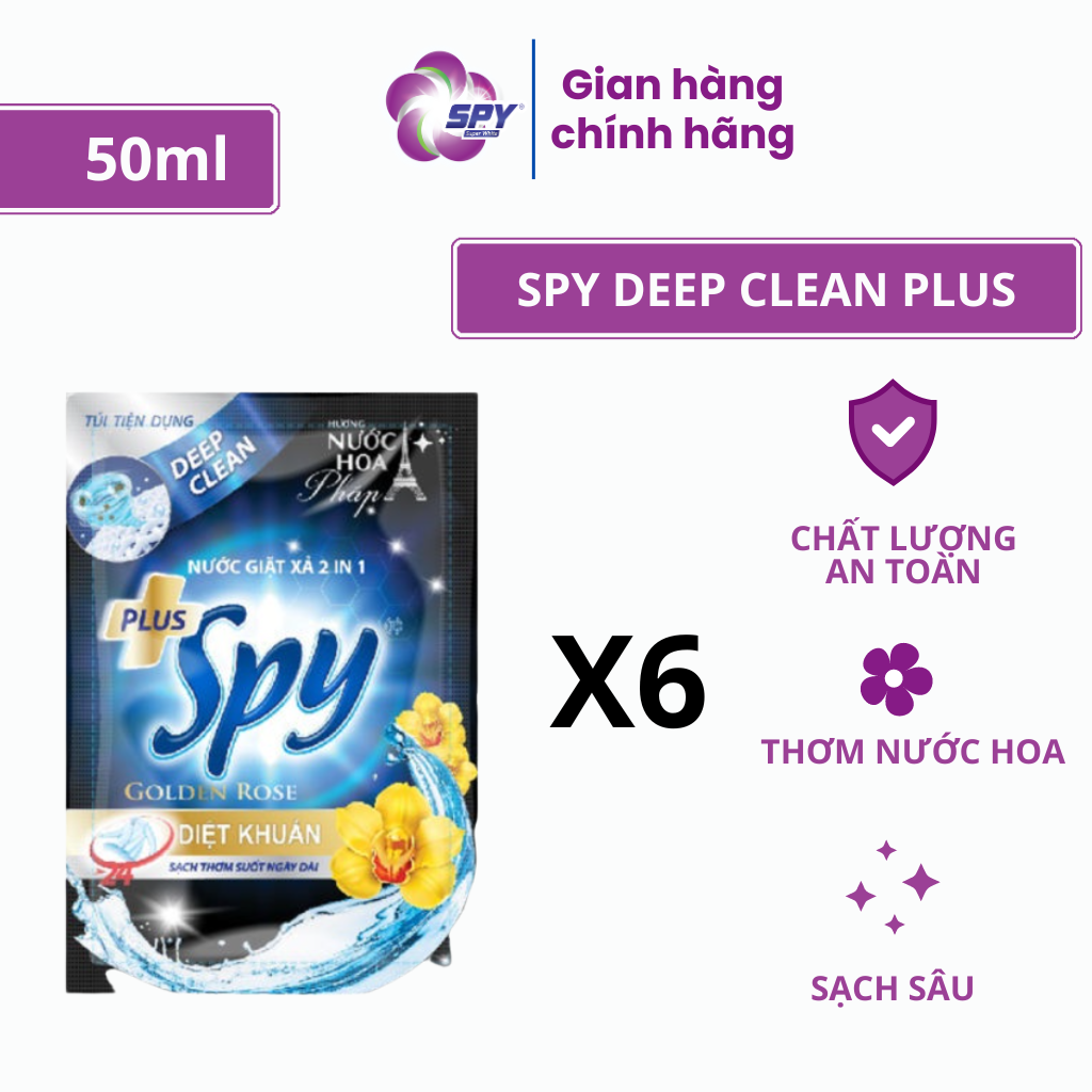 Combo 6 gói nước giặt xả SPY DEEP CLEAN PLUS 50ml khử mùi diệt khuẩn, sạch sâu, thơm lâu, mềm vải