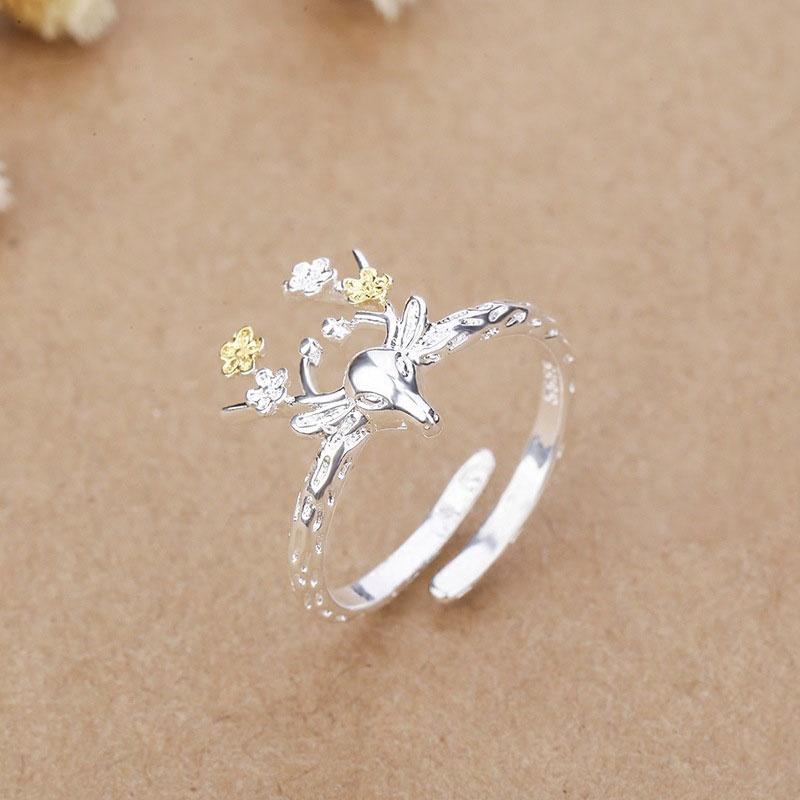 XiaoboACC 925 Silver Korean Fashion Sika Deer Open Adjustable Tail Ring 18mm