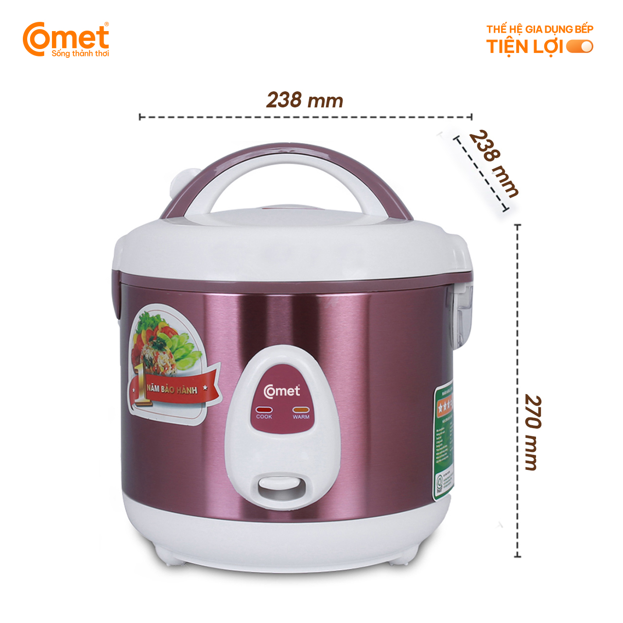 Nồi cơm điện nắp gài Comet CM8025 dung tích 1L – Công suất 400W, lòng nồi chống dính, giữ nóng lâu – Hàng chính hãng, bảo hành 12 tháng