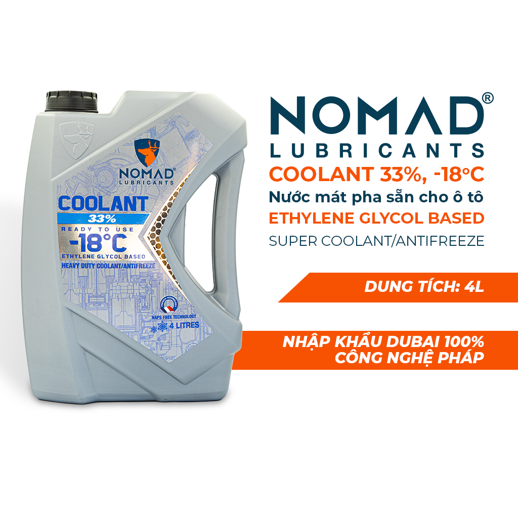 Nước làm mát ô tô, xe máy NOMAD COOLANT Antifreeze -18 độ C, pha sẵn 33%, Can 4L - Nước làm mát ô tô màu hồng nhập khẩu DUBAI