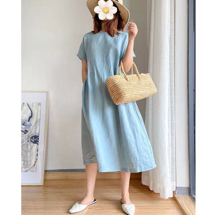 Đầm Linen suông cổ tròn ngắn tay, form suông dài trơn chất liệu linen mềm mát, dễ chịu khi mặc Đũi Việt