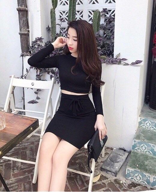 Set Áo Croptop Tay Dài + Chân Váy Bút Chì Phối Nơ