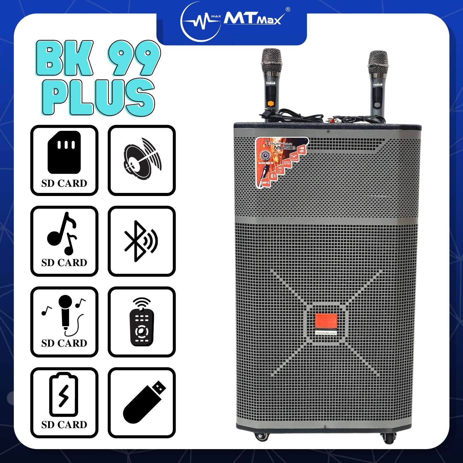 Loa kéo MTMAX BK99 Plus công suất lớn 600w tặng kèm 2 micro  2 đường tiếng bao gồm 1 loa Bass, 1 loa Treble kết nối bluetooth usb aux bông sen