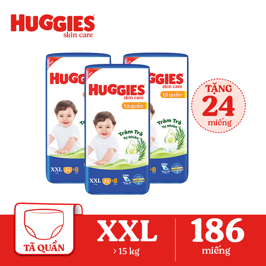 Combo 3  Tã/bỉm quần HUGGIES SKINCARE gói SUPER JUMBO size XXL 54+8 miếng