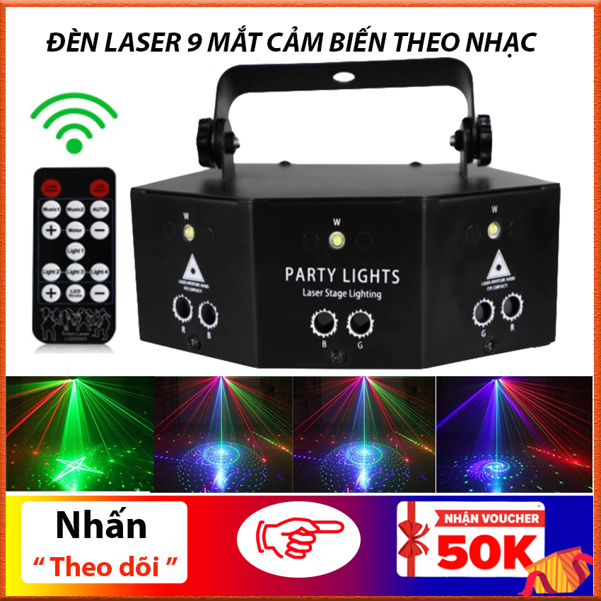 Đèn led laser 9 mắt cao cấp, trang trí phòng karaoke, vũ trường , sân khấu , phòng bay,  cảm biến theo nhạc