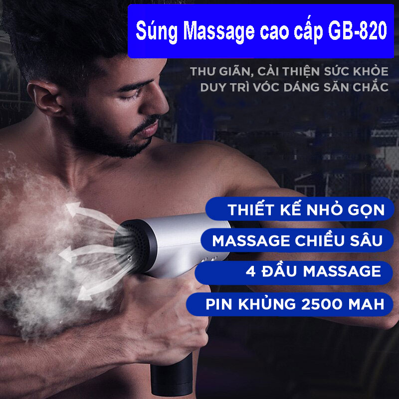 Máy Massage Cầm Tay Fascial Gun Cao Cấp GB-820 - Hỗ Trợ Massage Chuyên Sâu - Giảm đau cơ - Giảm Cứng Khớp - Massage Toàn Thân - Tặng Kèm 4 Đầu Massage