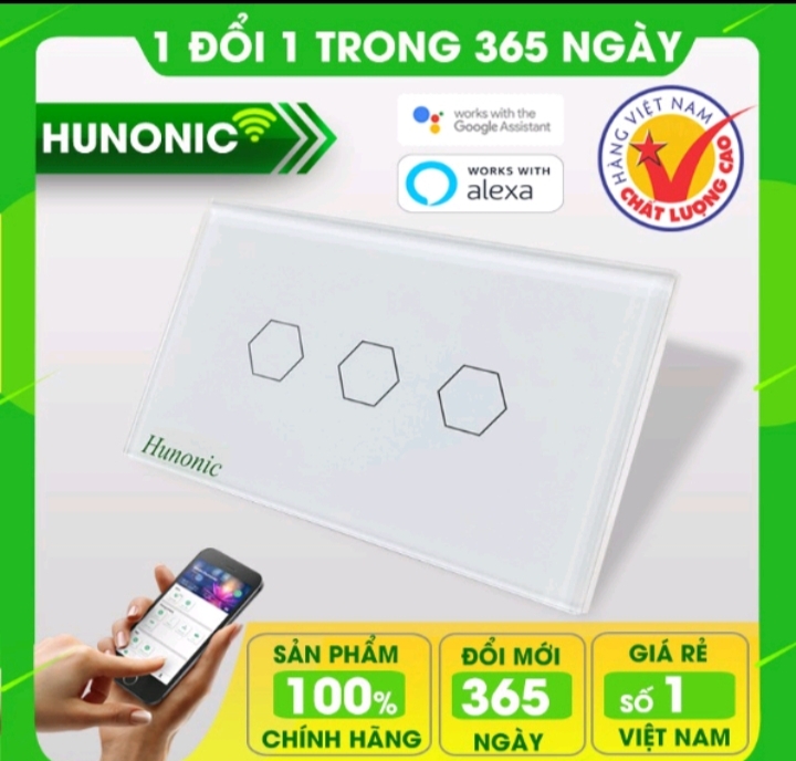 Công tắc 3 nút trắng cảm ứng, wifi cho Đèn, Quạt điều khiển từ xa qua điện thoại 500w/220V