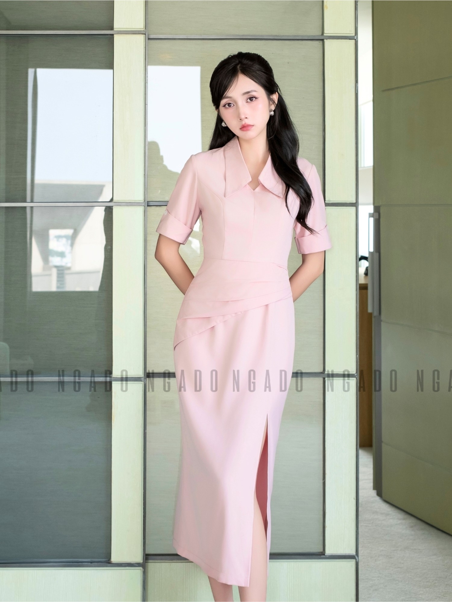 Đầm hồng bút chì xếp ly NGADO, đầm công sở , đầm dự tiệc