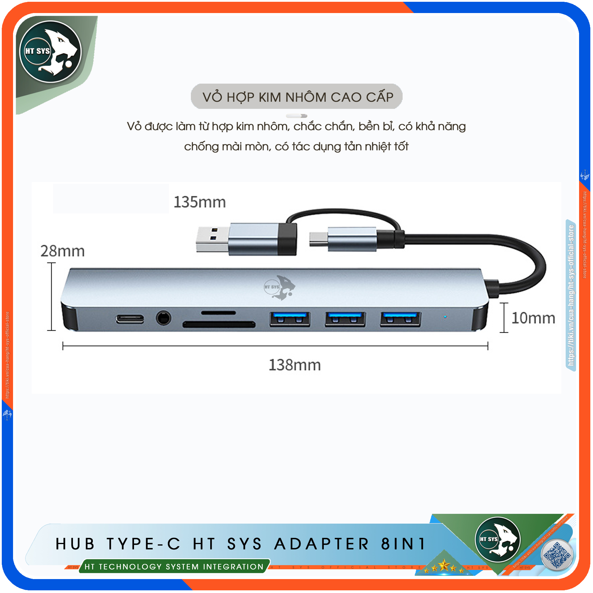 Hub USB 3.0 Và Hub Type C HT SYS Adapter 8in1 - Cổng Chia USB Mở Rộng Kết Nối Tốc Độ Cao Dành Cho Macbook, Laptop, PC - Hub Chuyển Đổi USB Type-C Hỗ Trợ Sạc Pin, Kết Nối Đa Năng ổ Cứng, Bàn Phím, Chuột, Máy In, Ổ Chia USB - Hàng Chính Hãng
