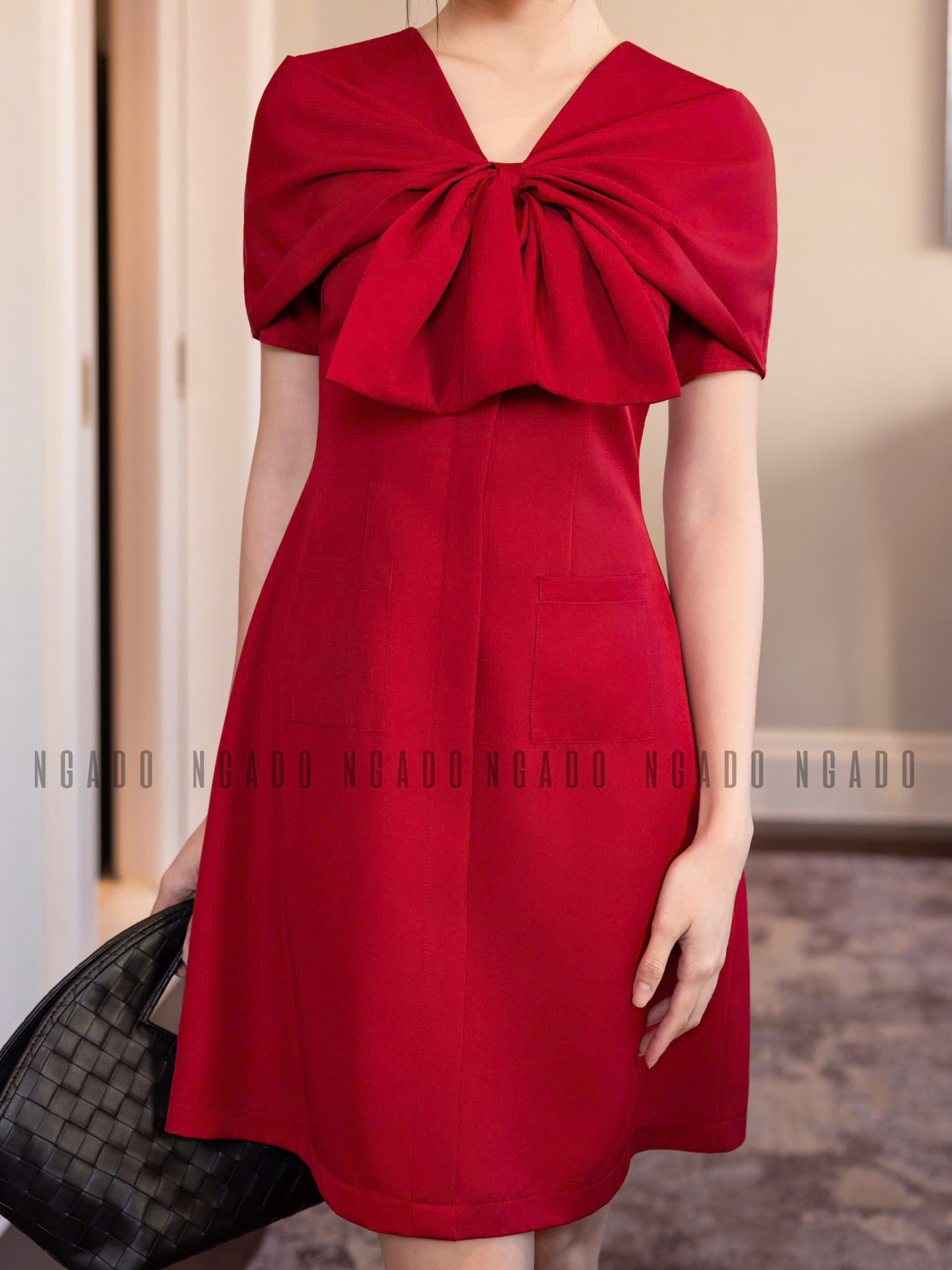 Đầm đỏ tay nơ NGADO , đầm đỏ , đầm kiểu Nữ , đầm dự tiệc , công sở
