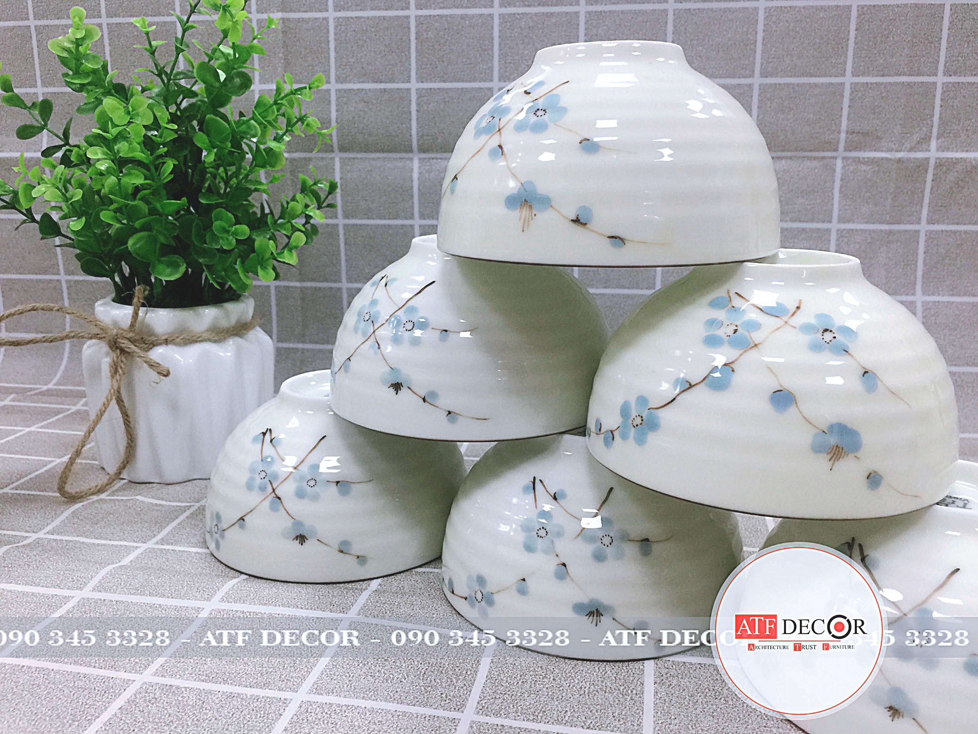Bộ 10 bát cơm men kem Bát Tràng cao cấp vẽ đào xanh