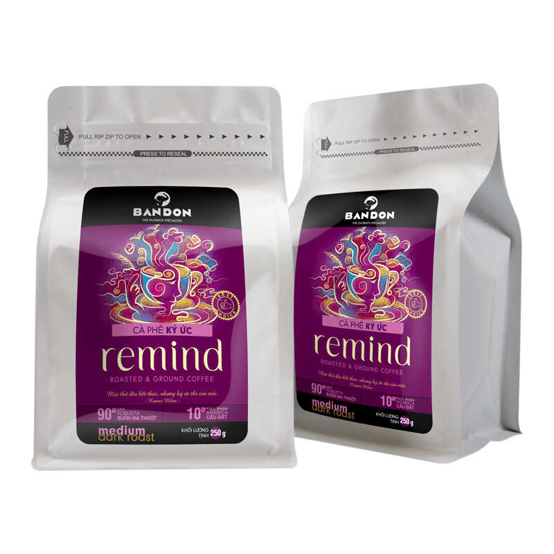 Cà phê phin nguyên chất rang xay mộc sạch BANDON REMIND 250g đắng đậm, thơm mạnh. Cà phê đặc sản