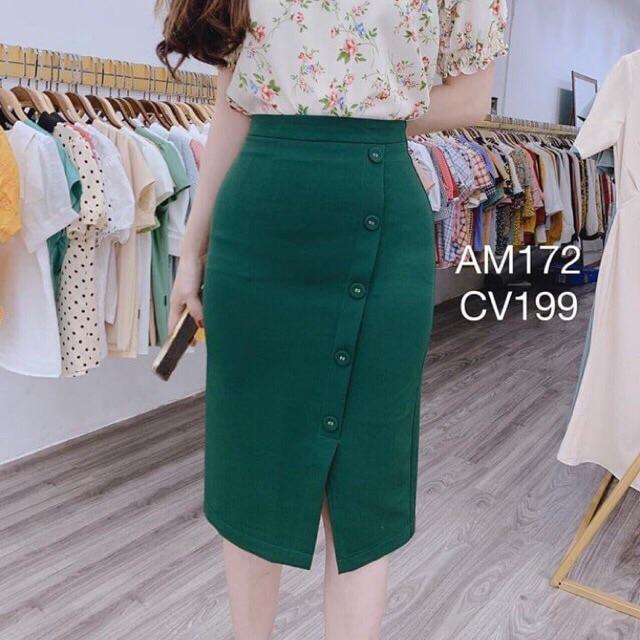 Châm váy bút chì dáng dài 60-65cm đính cúc sẻ trước V