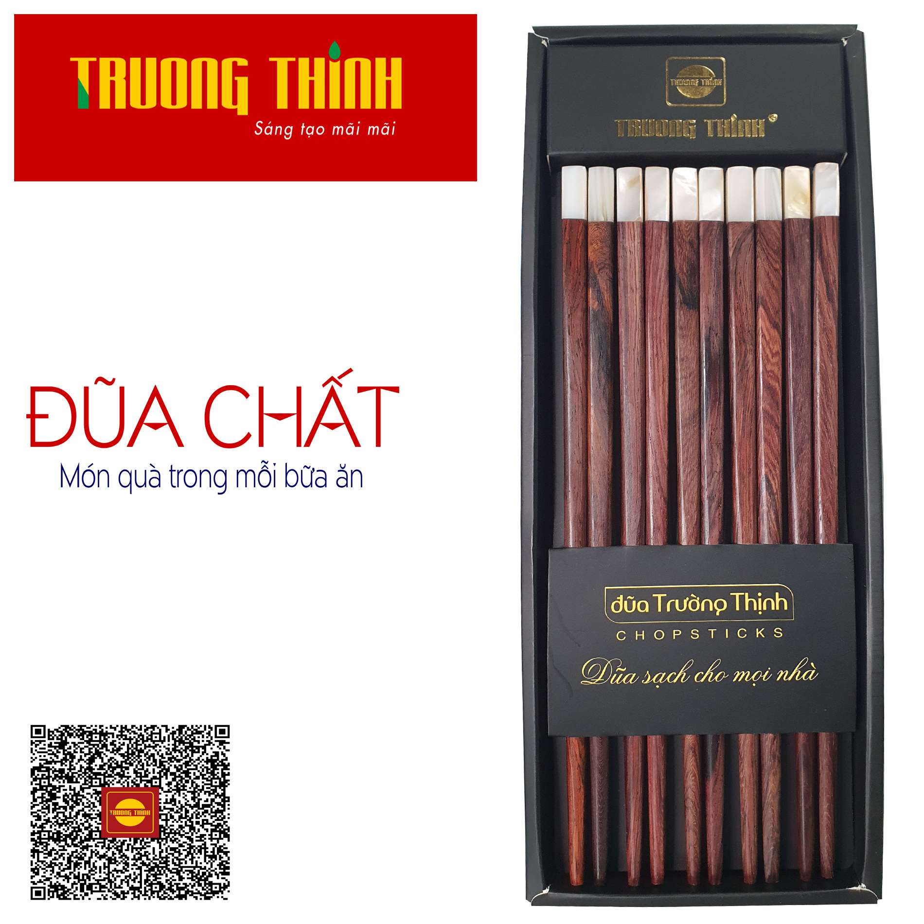 Đũa Gỗ Trắc Vân Đầu Gắn Ngọc Trắng Trường Thịnh Chính Hãng/ Hộp Màu Đen/ 10 Đôi Vuông