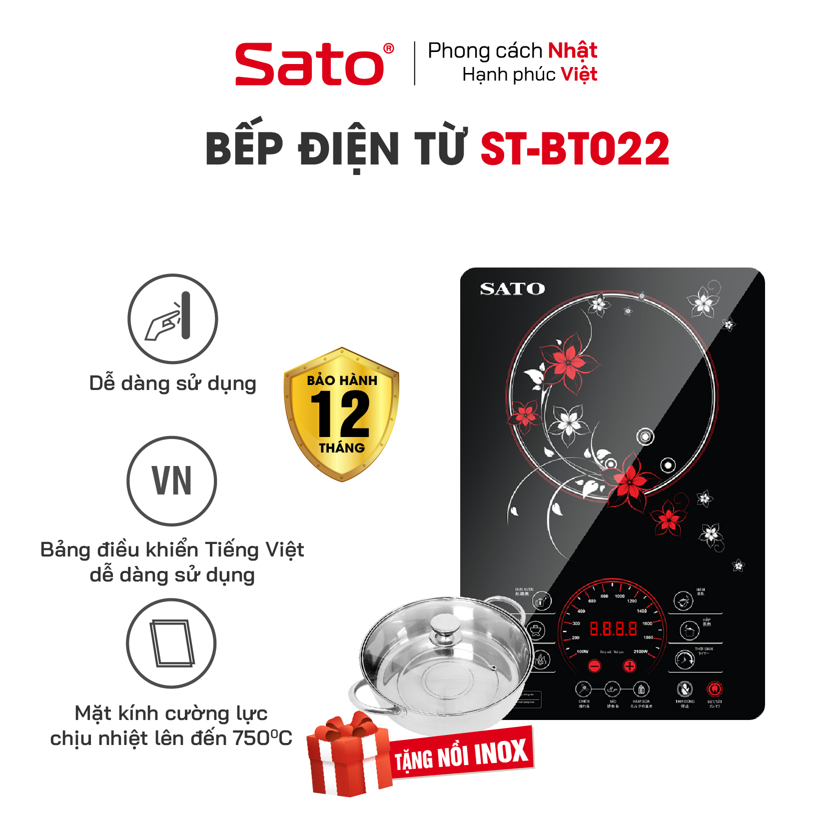 Bếp từ đơn SATO BT022 - Mặt kính cường lực cao cấp chống xước, chịu nhiệt lên tới 750 °C độ bền cao và an toàn tuyệt đối - Miễn phí vận chuyển toàn quốc - Tặng nồi lẩu inox - Hàng chính hãng