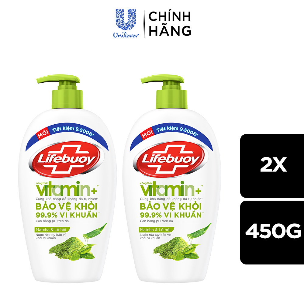 Combo 2 Nước Rửa Tay Lifebuoy Cân Bằng Độ Ph Bảo Vệ Khỏi Vi Khuẩn Và Dưỡng Ẩm Matcha & Lô Hội Chiết Xuất Từ Thiên Nhiên Chai 450g
