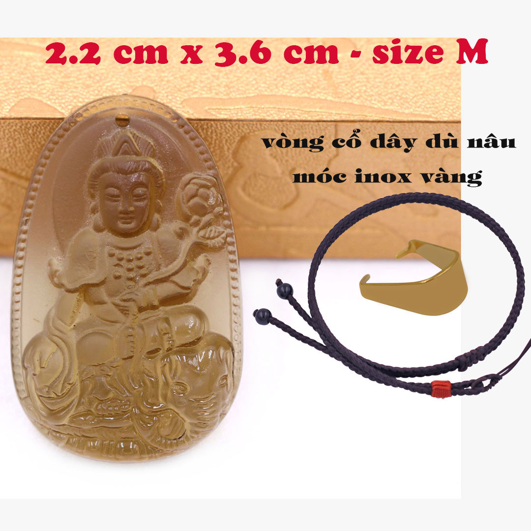 Mặt Phật Phổ hiền bồ tát đá obsidian  3.6 cm kèm vòng cổ dây dù nâu - mặt dây chuyền size M, Mặt Phật bản mệnh