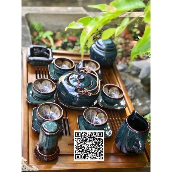 Bộ ấm trà men hỏa biến, hoa nở lòng chén, hàng Bát tràng cao cấp.