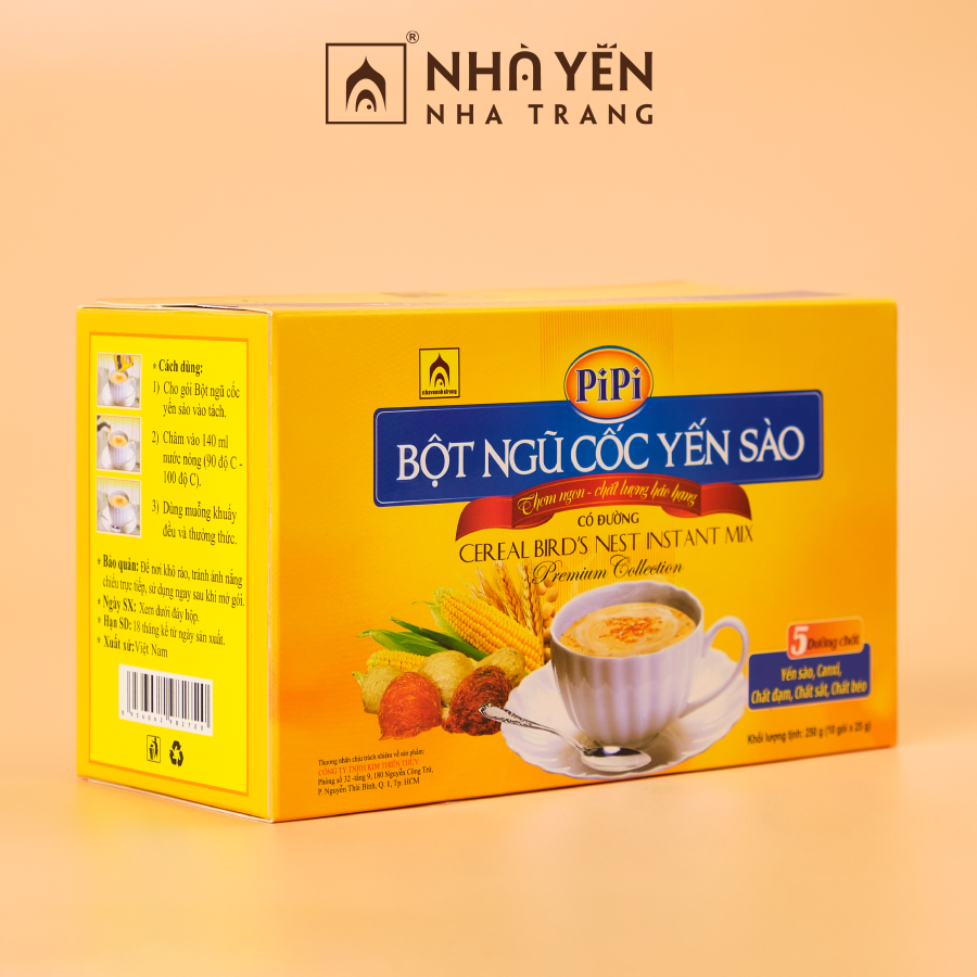 Bột Ngũ Cốc Yến Sào PiPi - Nhà Yến Nha Trang - Hộp 10 Gói - Loại Có Đường - Bột Ngũ Cốc Dinh Dưỡng - Ngũ Cốc Ăn Sáng - Hàng Chính Hãng