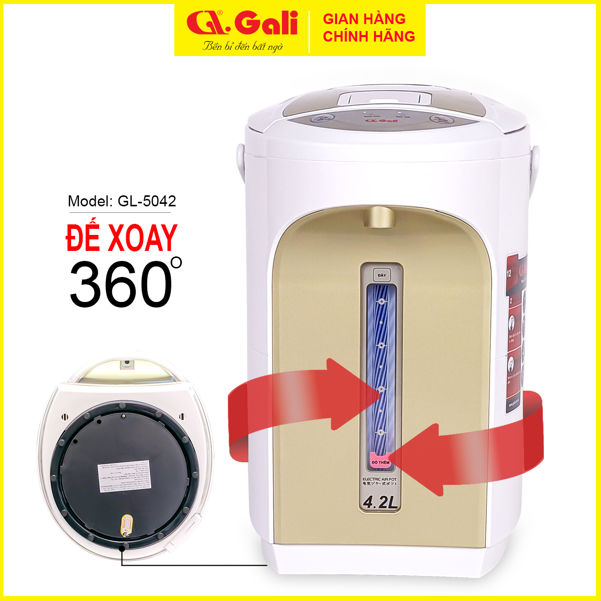 Bình thủy điện Gali GL-5042 dung tích 4.2 lít, phích cấu tạo 2 lớp thân ngoài nhựa, ruột inox 304, hàng chính hãng 100%, bảo hành 24 tháng Gali