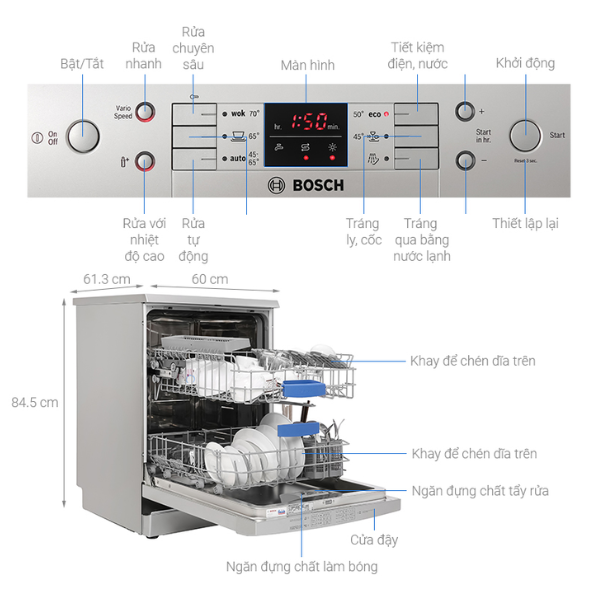 Máy rửa chén độc lập Bosch SMS63L08EA 13 bộ - Series 6 - SX Thổ Nhĩ Kỳ - Hàng chính hãng