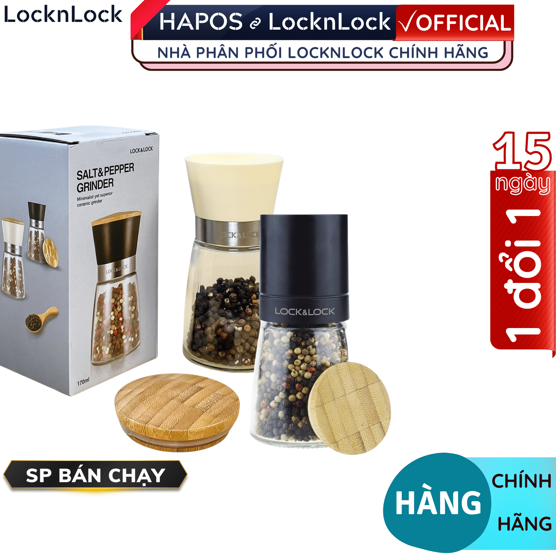 Combo 2 lọ xay tiêu thủy tinh Lock&amp;Lock CKO115S2 140ml - Hàng chính hãng lưỡi bằng sứ -Hapos