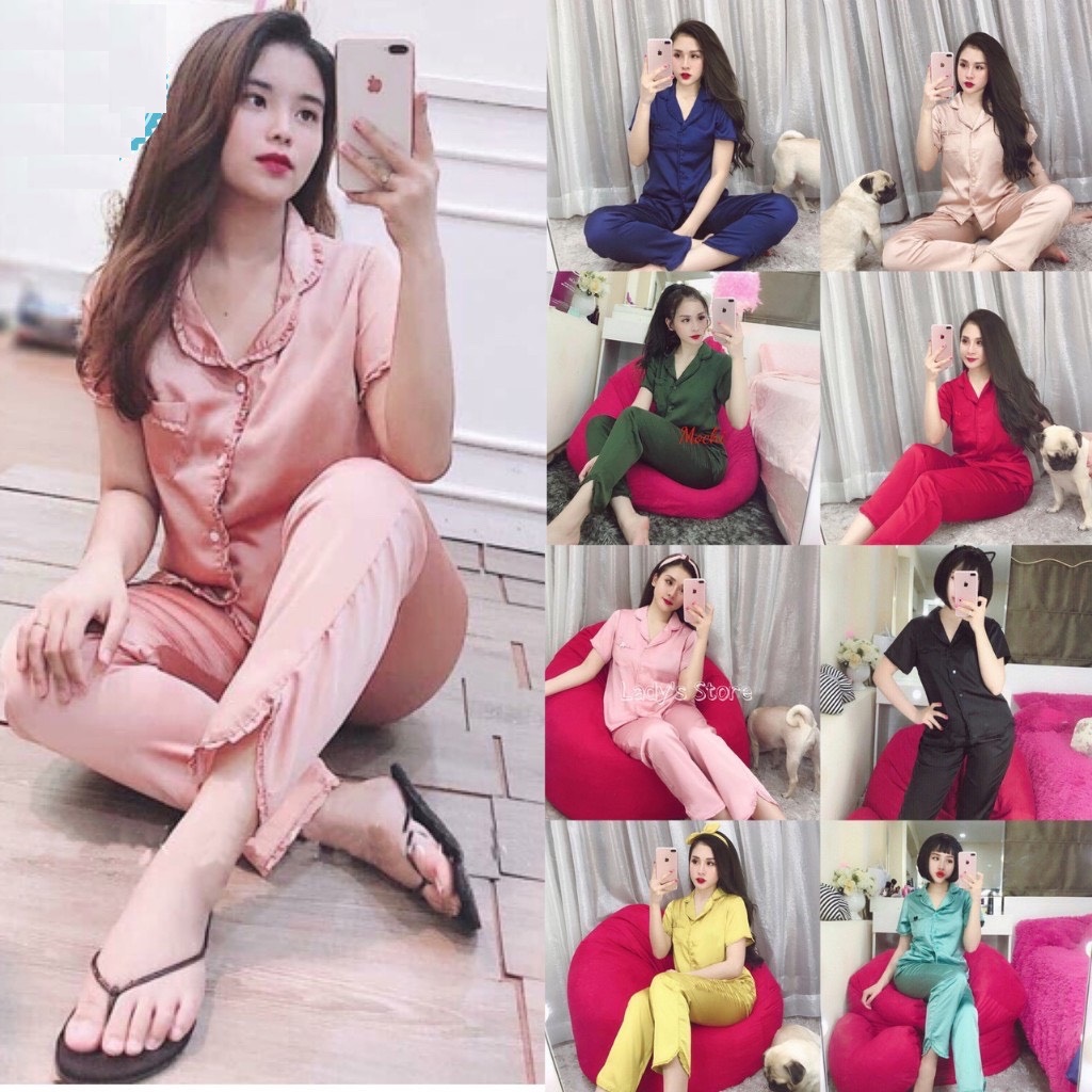 Bộ lụa satin viền bèo nữ - tay ngắn quần dài - Giao màu ngẫu nhiên - Freesize