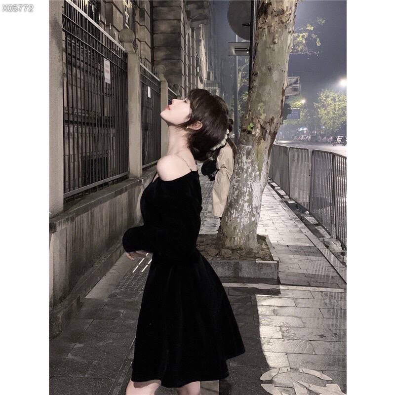 ĐẦM NHUNG SUÔNG TRƠN DÂY TRỄ VAI DỰ TIỆC GIÁNG SINH NOEL ĐEN
