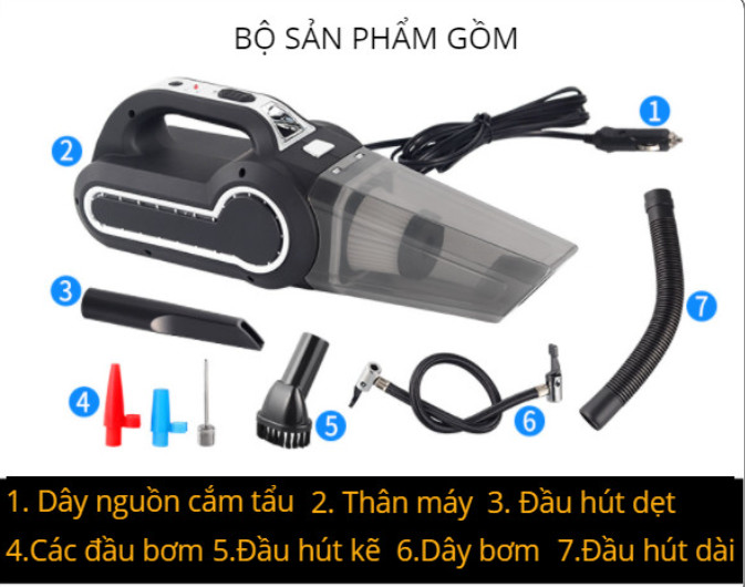 Máy Hút Bụi Bơm Hơi Ô Tô 4 Trong 1 : bơm lốp + hút bụi + đèn chiếu sáng + đồng hồ đo áp suất lốp