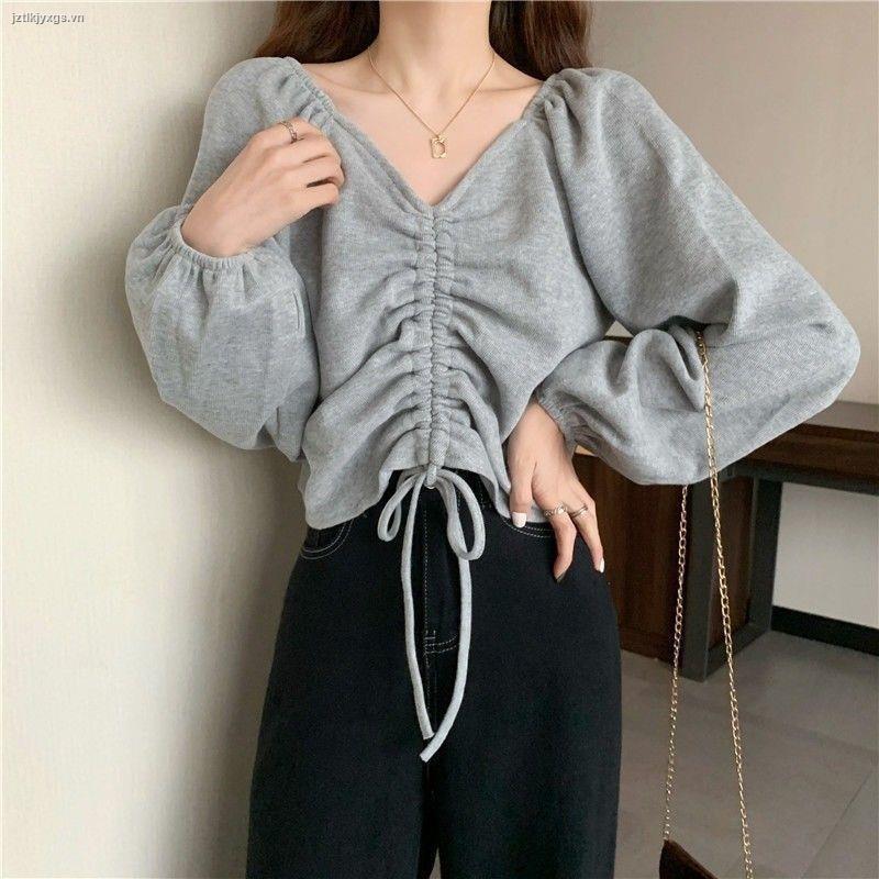 Áo croptop dây rút nhún ngực màu xám tay dài cá tính